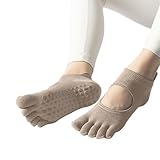 Ruayia Yoga Socken Anti-Rutsch, Stoppersocken Damen Pilates Socken Gymnastik Kickboxing Fitness Socken Yoga Zehensocken Rutschfeste Zehenlos Pilates Socken Rutschfest füsslinge - Mokka