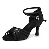 YCALCP Tanzschuhe Damen Latein Satin Professionelle Salsa Bachata Ballsaal Standard Tanzschuhe Performance Schuhe,L3049-Schwarz-7.5cm,EU 40