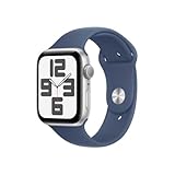 Apple Watch SE (2. Generation) GPS 44 mm Smartwatch mit Aluminiumgehäuse in Silber und Sportarmband in Denim (S/M). Fitness und Schlaftracker, Unfallerkennung, Herzfrequenzmesser, Retina Display
