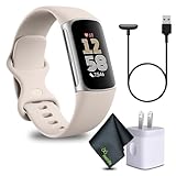 Fitbit Charge 6 Fitness Tracker Smartwatch Bundle mit Reinigungstuch und Ladegerät (Porzellan/Silber)