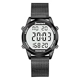 Hearkent Digitale Uhren für Herren, wasserdichte Uhr mit Schrittzähler, Wecker, Kalorien, Entfernung, Alarm, Countdown, Edelstahlarmband, Schwarz , Armband
