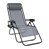 AufuN Klappbarer Liegestuhl, Sonnenliege Gartenliege Gartenstuhl Relaxliege Verstellbar Rückenlehne mit Getränkehalter & Kissen, Verstellbarer Rückenlehne, für Outdoor Garten Terrasse, Grau