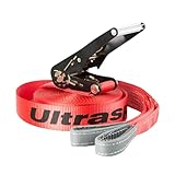 Ultrasport 25 m mit Ratsche, Slackline-Set für Anfänger und Kinder, mit Ratschenschutz und robuste Tragetasche, für Slack Line Funsport, 50 mm breit, rot, 25m