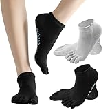 KYSUN 2 Paar Anti Rutsch Socken für Damen und Herren, Rutschfeste Yoga Socken mit Zehen, Stoppersocken Sportsocken für Home, Baumwoll Zehensocken für Pilates Barre Dance Hospital, Schwarz + Grau