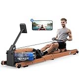 MERACH Wasser Rudergerät Holz Klappbar, Gummibaummaterial & komfortabler Sitz, mit exklusiver APP mit interaktiven Karten Spiel, immersives Rudererlebnis, MAX 180 KG, Ideal für Heimfitness