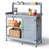 Blishom Pflanztisch aus Massivholz mit Arbeitsplatte, Outdoor Gärtnertisch, Verstellbarem Regal und Schrank – Multifunktionsbank für Garten, Balkon, Terrasse 112x46x125 cm (Grau, 112x46x125 cm)