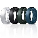 Forthee Silikon-Ehering für Herren, atmungsaktiver Luftstrom, innere Kurve, Herren-Ehering aus Gummi, für Crossfit-Training, 4er-Pack: Silber, Schwarz, Azurblau, Dunkelgrün, 14 (23.02mm)