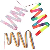 MBAIYO 3 Stück Gymnastikband mit Stab,2M Regenbogen Bänder für Gymnastik Rhythmische Sportgymnastik Band Tanzbänder Glitter Pink Tanzband Für Künstlerische Tanzgymnastik Kindertanz Tanztraining Zirkus