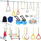 Hapfan 2 X 50ft Slackline Set Kinder mit Seilrolle, Hindernisse Set mit Klettergerüst Kletterstangen Kletterleiter Turnringen Gymnastikringe Baumschutz (Blau)