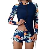 Damen Langarm UPF 50+ UV Schutz Zweiteiler Badeanzug Schwimmanzug Slim Fit Sonnenschutz Bademode Shirt und Shorts Damen Langarm Blume Schwimmshirt Shorts Tankini Frauen Rashguard Kurz Surfanzug