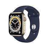 Apple Watch Series 6 (GPS + Cellular, 44 mm) – Goldfarbenes Edelstahlgehäuse mit tiefem marineblauen Sportarmband. (Generalüberholt)