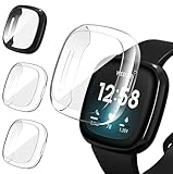 ivoler 3 Stücke Hülle mit Schutzfolie für Fitbit Versa 3 / Fitbit Sense, Vollständige Abdeckung Stoßfest Kratzfest Schutzhülle Ultradünne Weiche TPU Displayschutz Case, 2 Klar + 1 Schwarz