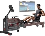 LESUNFIT Wasser-Rudergerät aus Massivholz (Eiche), 30Tage Kinomap Mitgliedschaft & Bluetooth Monitor, Herzfrequenz Empfänger, Komfortabler Sitz, Doppelschienen-System,150kg Belastbarkeit