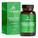 Vitabay Vitamin D3 K2 Hochdosiert 20000 IE Depot - 180 Vegane & Laborgeprüfte Vitamin D Tabletten ohne Zusätze - Trägt zur Unterstützung des Immunsystems und zur Erhaltung normaler Knochen bei