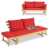 GIANTEX Liegesofa mit klappbaren Seitenlehnen, Gartenbank Sitzbank mit Auflagen, Sonnenliege Gartenliege aus Akazienholz, Multifunktionsbank Balkonbank Parkbank Gartenmöbel, grau/beige (rot)