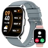 Smartwatch Herren Damen, 2,1' HD Smart Watch Telefonfunktion, Fitnessuhr Pulsuhr 130+ Sportmodi, IP68 Wasserdicht, Sportuhr Herzfrequenz Chlafmonitor Schrittzähler 2 Armband, für Android iOS-Grau