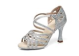 MINITOO Damen Tanzen Schuhe Tanzschuhe Latein Salsa Glitzer Sandalen L357 Silber EU 42