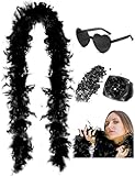 DAJOOEE 45g 2 Yard Federboa mit Glitzer und Herz-Sonnenbrille für Frauen und Teenager-Mädchen Junggesellinnenabschied Party Halloween Kostüm (Schwarz)