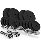 Physionics® Hantelstangen mit Gewichten - 36/56/76 kg Set, SZ Curl Bar (120cm, 30 mm, bis 500 kg), 2 Kurzhanteln - Hantelset, Hantelscheiben, Langhantelstange, Hanteln (Kurzhanteln + Curlstange 56KG)