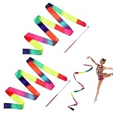 Molain 2 Stück Tanzband, 4.5cm*2m Tanzband mit Stab Kinder Gymnastikband mit Stab Gymnastikband Tanzbänder Turnen zubehör für Künstlerische Tanztraining Baraufführung (Regenbogen)