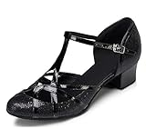 Minitoo qj6133 Damen Geschlossen Zehen High Heel PU Leder Glitzer Salsa Tango Ballsaal Latin t-strap Dance Schuhe, Schwarz Black-3.5cm Heel ,41 EU/7.5 UK