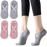 KEPKKU 2 Paar Pilates Socken, Yoga Socken Rutschfeste für Damen & Mädchen Antirutschsocken mit Kreuzgurte, Stoppersocken Damen Füßlinge Rosa & Grau Grip Socks für Ballett/Fitness/Tanz (EU 36-39)