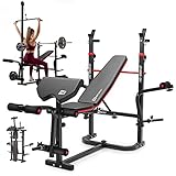 Hop-Sport Hantelbank, Multifunktionale klappbare Trainingsbank mit Langhantelständer, Latzugturm, Butterfly & Curlpult, für Krafttraining zuhause, 250 kg Max. Belastbarkeit der Hantelbank