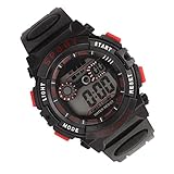 Tbest Elektronische Herrenuhr, Herren Elektronische Uhr Multifunktionale Digitale Sportuhr WR50M wasserdichte Armbanduhr mit Leuchtendem Lichtalarm Zum Schwimmen, Laufen (Schwarz und Rot)