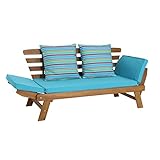 greemotion Multifunktionsbank Borkum akazie/blau, inklusive Kissen, als Sofa und Liege nutzbar, Gartenbank aus FSC® Akazienholz, Holzbank mit leicht schräger Rückenlehne