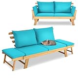 GIANTEX Liegesofa mit klappbaren Seitenlehnen, Gartenbank Sitzbank mit Auflagen, Sonnenliege Gartenliege aus Akazienholz, Multifunktionsbank Balkonbank Parkbank Gartenmöbel, grau/beige (Türkis)