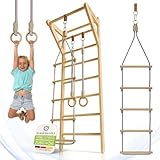 Juskys Sprossenwand für Kinder - mit Klimmzugstange, Indoor Klettergerüst mit Turnringen und Strickleiter, Kletterwand fürs Kinderzimmer, Turnstange