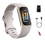 Fitbit Charge 5 Advanced Fitness & Health Tracker Bundle mit Ladekabel, Ladestecker und One Size Infinity Band - S/L (Mondweiß/Soft Gold)