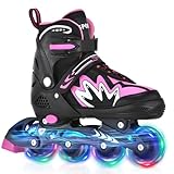 TOMSHOO Rollschuhe, Inliner Roller Skates mit 4 Größen Verstellbar, LED Rädern, Mehrere Größenoptionen, Inlineskates für Kinder Erwachsene Jungen Mädchen, Schwarz & Rosa, M