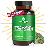 Vitabay Vitamin D3 K2 Hochdosiert 20000-180 VEGANE & LABORGEPRÜFTE Vitamin D Tabletten - D3 K2 Kapseln Hochdosiert - Vitamin D 20000 Hochdosiert D3K2 Vitamin D3 20000 hochdosiert Vitamin D K2 D3