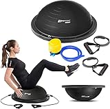 Hop-Sport Balancetrainer mit Zugbändern, Schwarz, Balance Board mit Expander, Rutschfeste Oberfläche, Doppelseitige Nutzung, Inkl. Pumpe, 200 kg Max. Belastbarkeit