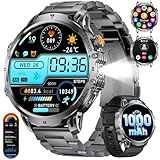 BENYAR SMART-Smartwatch Herren mit 1000 mAh Lange Akku, 1,85'' Großes Display Militär Smart Watch mit LED-Taschenlampe, Anrufe für Android iOS, IP68 Wasserdicht 120+ Sportmodi Sportuhr, 2 Armbänder