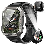 Smartwatch Herren Militär, 100 Tage Akkulaufzeit/LED Taschenlampe/Kompass/2 Armbänders/IP68 Wasserdicht, 100+Sportmodi Sportuhr, Anrufe tätigen/Empfangen Smartwatch Outdoor Fitnessuhr für Android iOS