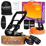 Primeful® Slackline für Kinder & Erwachsene - 18.5 m Länge inkl. Übungsleine, Armtrainer & Baumschutz - Premium-Qualität mit ergonomischer Ratsche & Tragetasche - Trainieren Sie Körperkraft & Balance!
