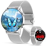 Lgnitek Smartwatch Damen mit LED-Taschenlampe, 1.32' AMOLED HD Screen Gesundheitsuhr mit HRV ΒΙυtdruckmessung Menstruationszyklus Schlafmonitor Schrittzähler KI-Smartwatch Rund, für iOS Android