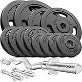 Hop-Sport Guss Hantelset mit SZ-Stange, Kurzhantelstangen und Gewichten, 1x Curlstange, 2x Kurzhantel, Set 37kg 57kg oder 77kg zur Auswahl (57kg)