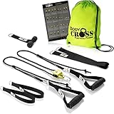 BodyCROSS Multifunktionale Schlingentrainer – Übungsposter & 10-Wochen-Programm, Türbefestigungen, Karabinerhaken, Ideal für Outdoor und Zuhause Muskelaufbau Stretch - Rotate (Schwarz)