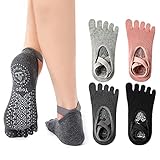 O'woda 4 Paare Damen Yogasocken Zehensocken für Yoga mit Riemen Sticky Damen Yogasocken Rutschfeste Sportsocken mit Gummisohlen Socken für Pilates Ballett Tanz