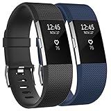 Tobfit für Fitbit Charge 2 Armband Damen Herren, Ersatz Silikon Sport und Fitness Armbänder für Fitbit Charge 2 (S, Klassische 2-Pack Schwarz+Blau)