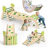 9-in-1 Montessori Indoor Spielset,Dreiecksleiter, Kletterbogen Kletterrampe Netz,Kissen, Montessori Klettergerüst, Kinder Holzspielplatz, für Kinder von 1-5(Dinosaurier-Stil, mit Zwei Autos)