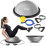 Hop-Sport Balancetrainer mit Zugbändern, Grau, Balance Board mit Expander, Rutschfeste Oberfläche, Doppelseitige Nutzung, Inkl. Pumpe, 200 kg Max. Belastbarkeit