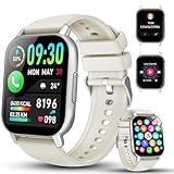 Smartwatch Damen Herren, 1.85''HD Touch Smart Watch mit Bluetooth-Telefonfunktion, 112+ Sportmodi Sportuhr mit Pulsuhr und Schlafmonitor, IP68 Wasserdicht Fitnessuhr Kompatibe für iOS Android. Weiß