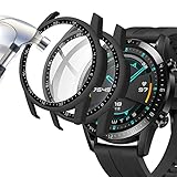 Acadeny Hülle [2 Stücke]Mit Gehärtetes Glas Displayschutz Kompatibles für Huawei Watch GT2 46mm, 9H Härte 360° Rundum Schutzhülle Ultradünne Schutz PC Case Cover für Mit Skala, Schwarz