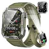 Smartwatch Herren Militär, 100 Tage Akkulaufzeit/LED Taschenlampe/Kompass/2 Armbänders/IP68 Wasserdicht, 100+Sportmodi Sportuhr, Anrufe tätigen/Empfangen Smartwatch Outdoor Fitnessuhr für Android iOS