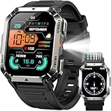 IOWODO Militär Smartwatch Herren 2,01 Zoll | LED Taschenlampe & Kompass | 900mAh/100 Tage Standby | 2 Armbänder | Bluetooth Anrufe | 100+ Sportmodi | IP68 Wasserdicht | 24/7 Gesundheitsmonitor