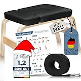 VALENESS® Yoga Kopfstandhocker - Hochwertiger Yoga Hocker inkl. Yogagurt, Yogablock & Übungsposter - Yoga Stuhl zur Handstand-Übung aus massivem Naturholz - Yoga Ausrüstung für Zuhause (Schwarz)